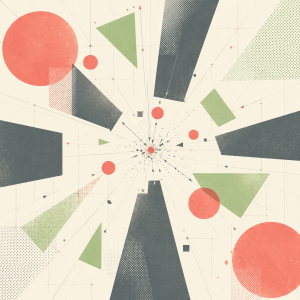 Abstrakte geometrische Komposition mit Kreisen, Dreiecken und Strahlen, die auf einen zentralen Punkt zulaufen – Symbol für Vernetzung, Fokus und Datenkonvergenz.