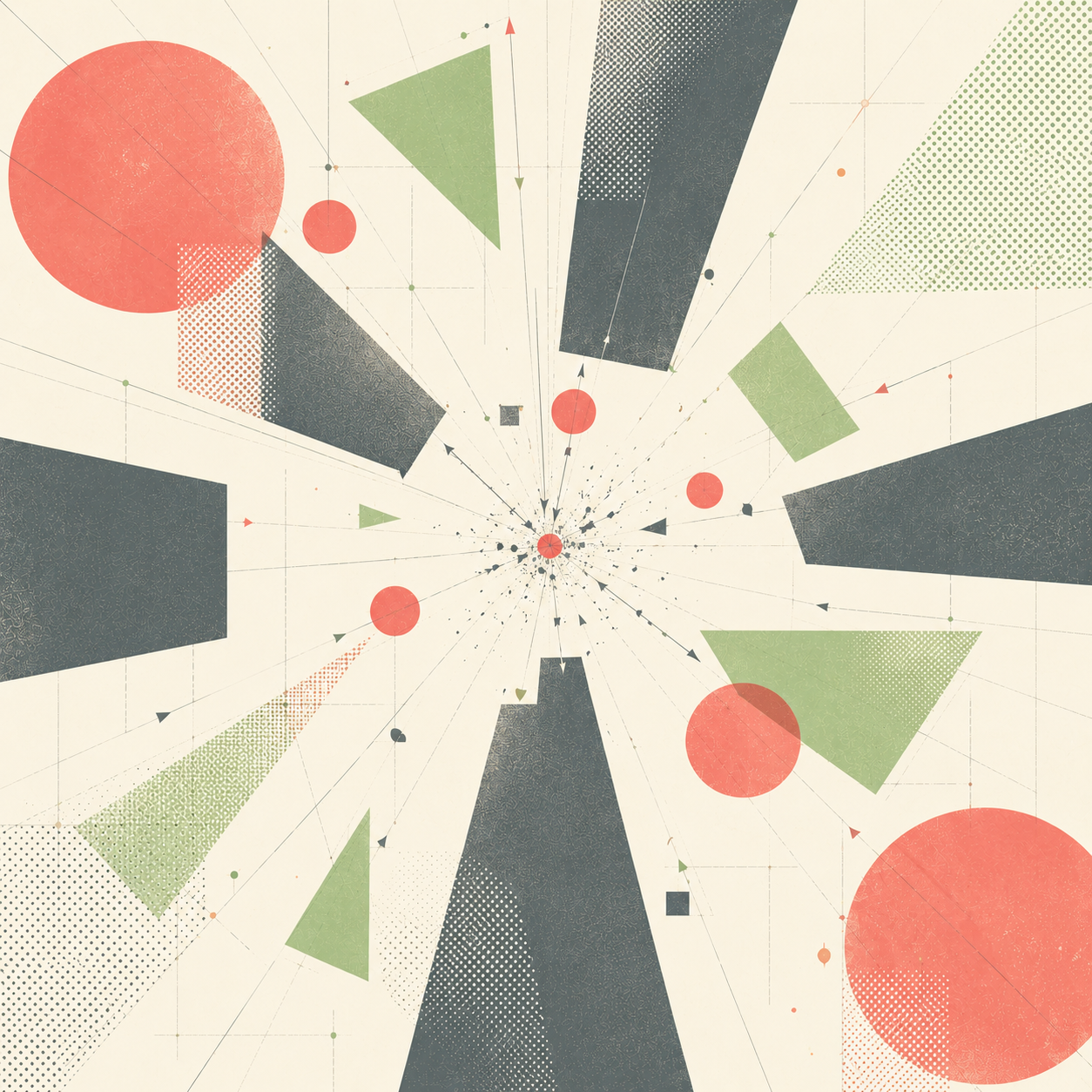 Abstrakte geometrische Komposition mit Kreisen, Dreiecken und Strahlen, die auf einen zentralen Punkt zulaufen – Symbol für Vernetzung, Fokus und Datenkonvergenz.