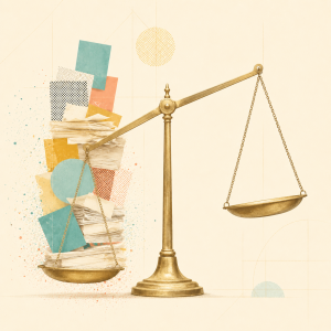 Illustration einer goldenen Waage mit einem Stapel Dokumente und geometrischen Formen auf einer Waagschale – Symbol für Abwägung, Bürokratie und Entscheidungsprozesse.