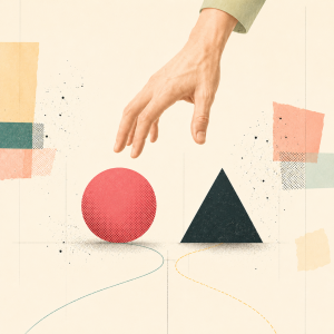Abstrakte Illustration einer Hand über einer roten Kugel und einem schwarzen Dreieck – Symbol für Entscheidungsfindung, Auswahl und strategische Priorisierung.