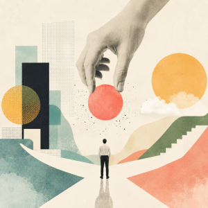 Abstrakte Collage mit einer Person an einer Weggabelung, über der eine große Hand eine rote Kugel platziert – symbolisiert Entscheidung, Einfluss und strategische Weichenstellung.