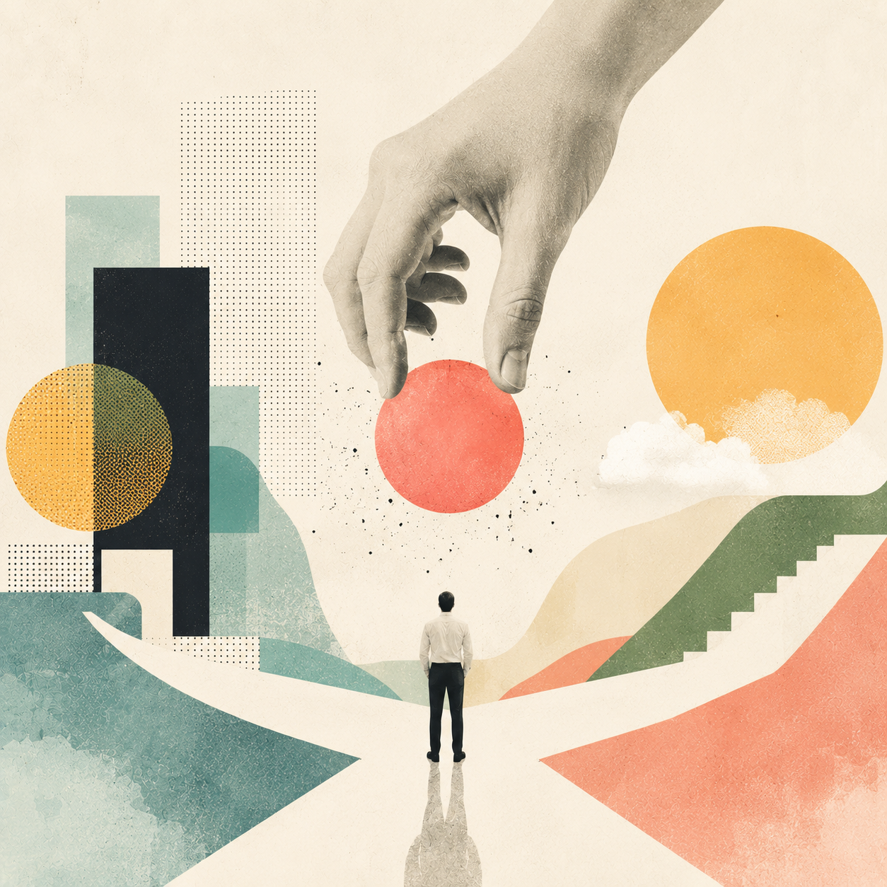 Abstrakte Collage mit einer Person an einer Weggabelung, über der eine große Hand eine rote Kugel platziert – symbolisiert Entscheidung, Einfluss und strategische Weichenstellung.