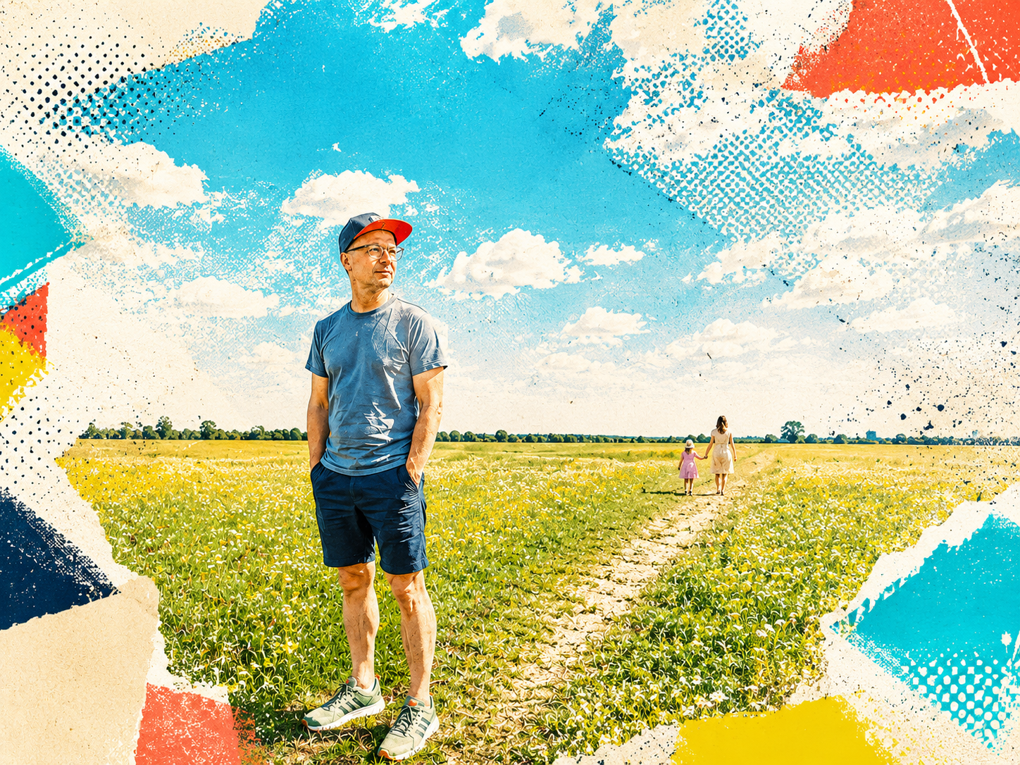 Marco Steinführer steht auf einer sommerlichen Blumenwiese, während im Hintergrund eine Frau mit einem Kind über einen Feldweg läuft. Mixed-Media-Collage mit farbigen grafischen Elementen und blauem Himmel.
