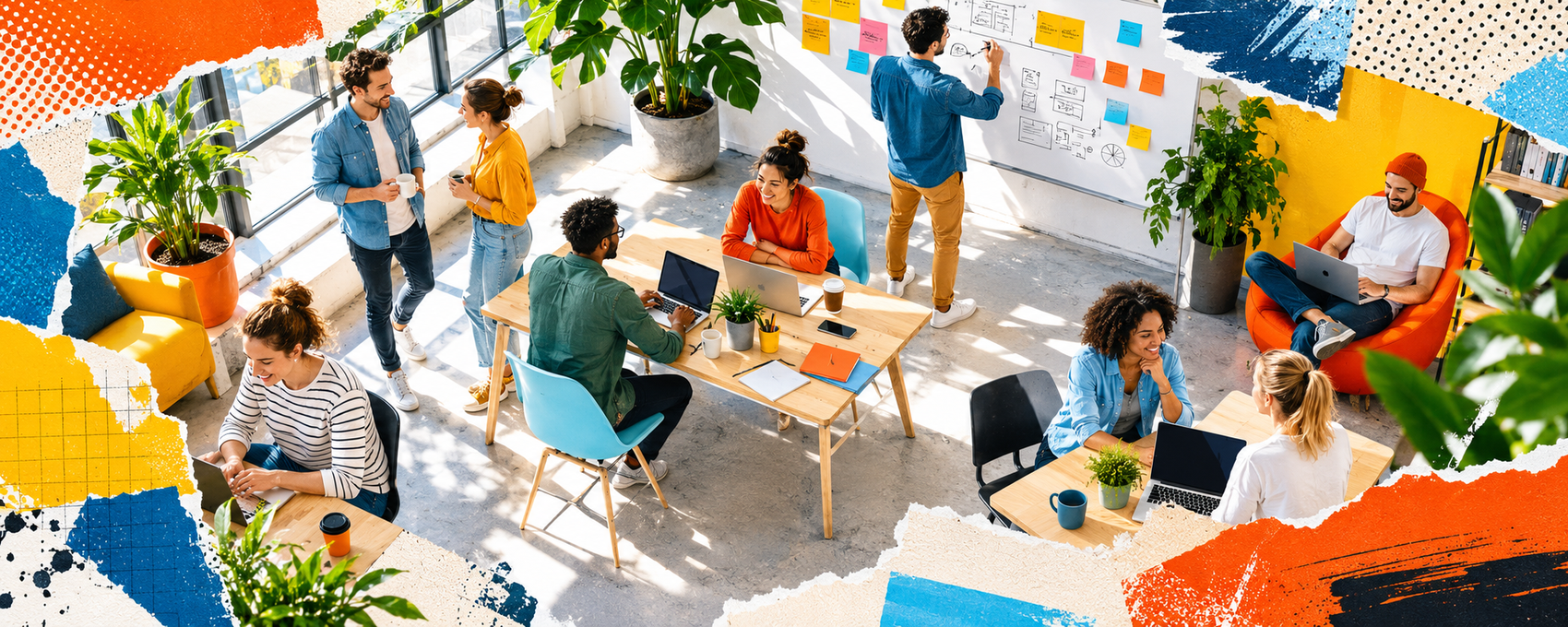 Modernes Team arbeitet kollaborativ in einem hellen Großraumbüro mit Whiteboard, Laptops und kreativen Notizen – dargestellt im Mixed-Media-Collage-Stil.
