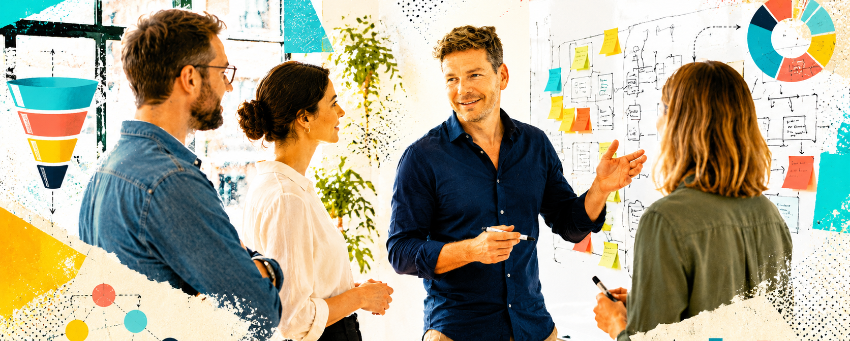 Vier Personen diskutieren in einem modernen Büro vor einem Whiteboard mit Prozessdiagrammen und Haftnotizen. Grafische Elemente wie Funnel, Diagramme und Datenvisualisierungen unterstreichen das Thema Strategie und Zusammenarbeit.