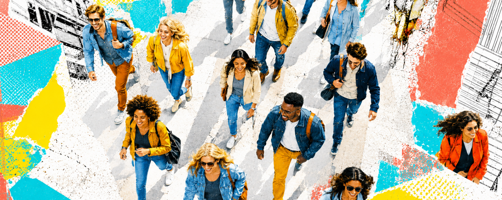 Vielfältige Gruppe junger Menschen auf einem sonnigen Stadtspaziergang, dargestellt in einem farbenfrohen Pop-Art-Collage-Stil mit grafischen Illustrationen und urbanen Elementen.